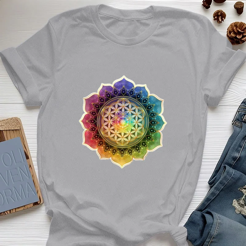 Olivenorma 7 Chakra Medala Blume des Lebens Baumwoll-T-Shirt