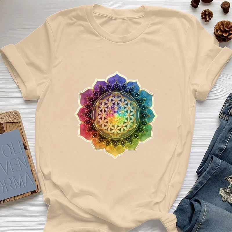 Olivenorma 7 Chakra Medala Blume des Lebens Baumwoll-T-Shirt