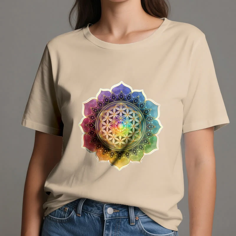Olivenorma 7 Chakra Medala Blume des Lebens Baumwoll-T-Shirt