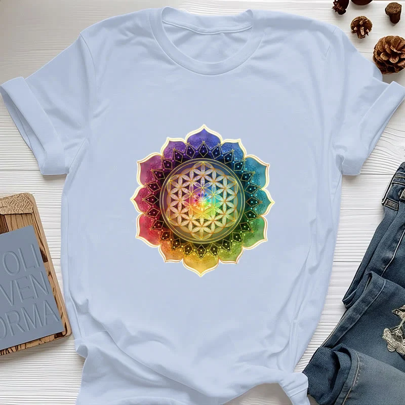 Olivenorma 7 Chakra Medala Blume des Lebens Baumwoll-T-Shirt