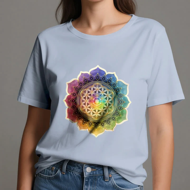 Olivenorma 7 Chakra Medala Blume des Lebens Baumwoll-T-Shirt