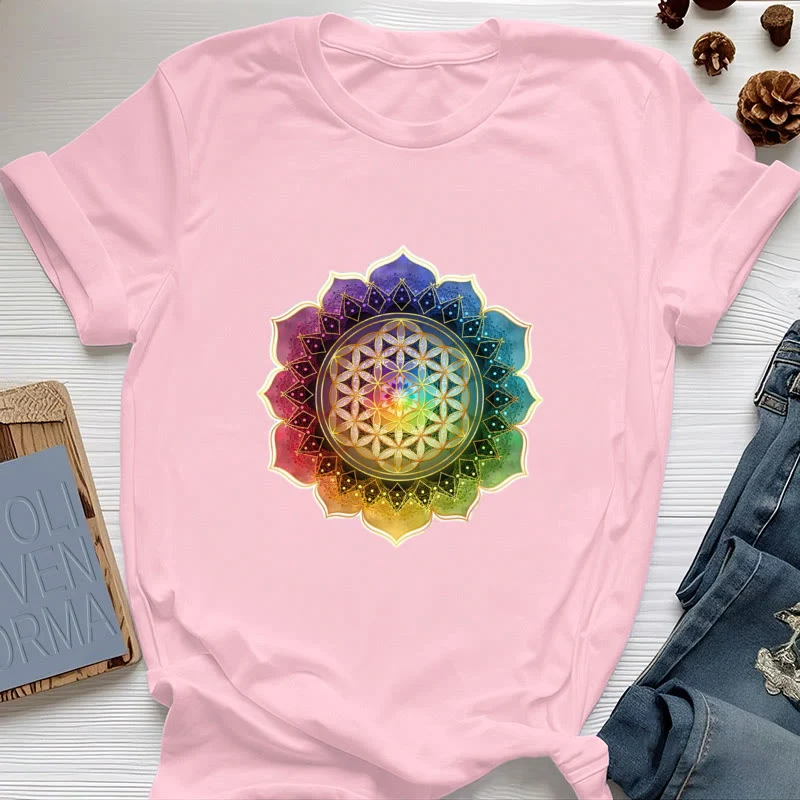 Olivenorma 7 Chakra Medala Blume des Lebens Baumwoll-T-Shirt