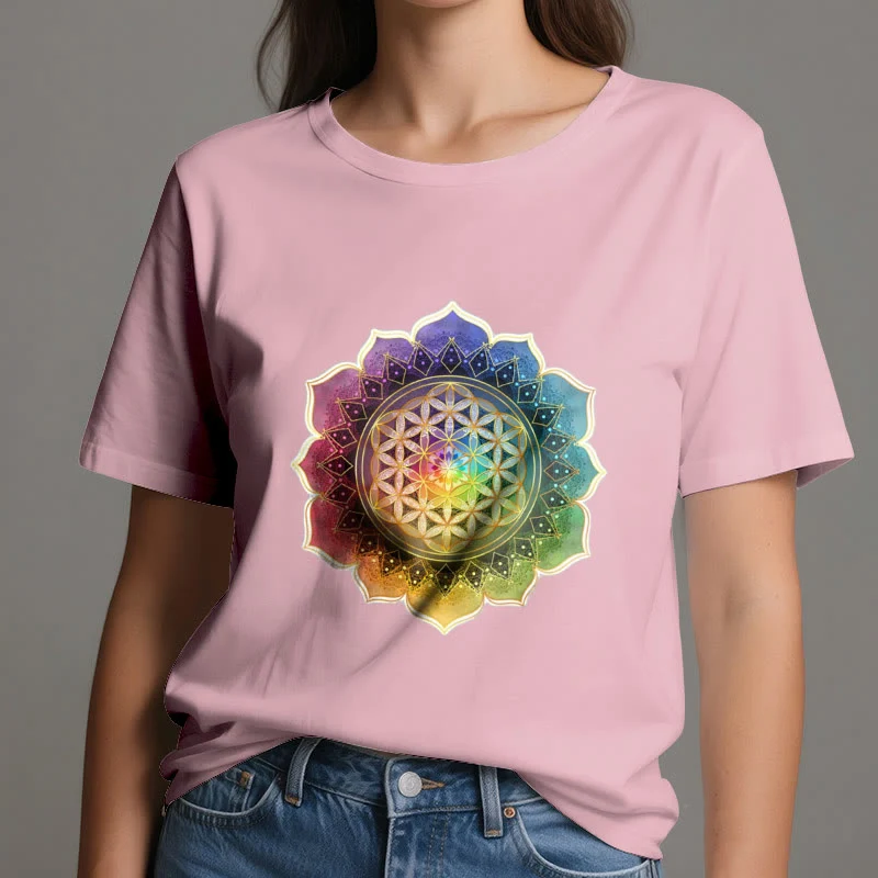 Olivenorma 7 Chakra Medala Blume des Lebens Baumwoll-T-Shirt