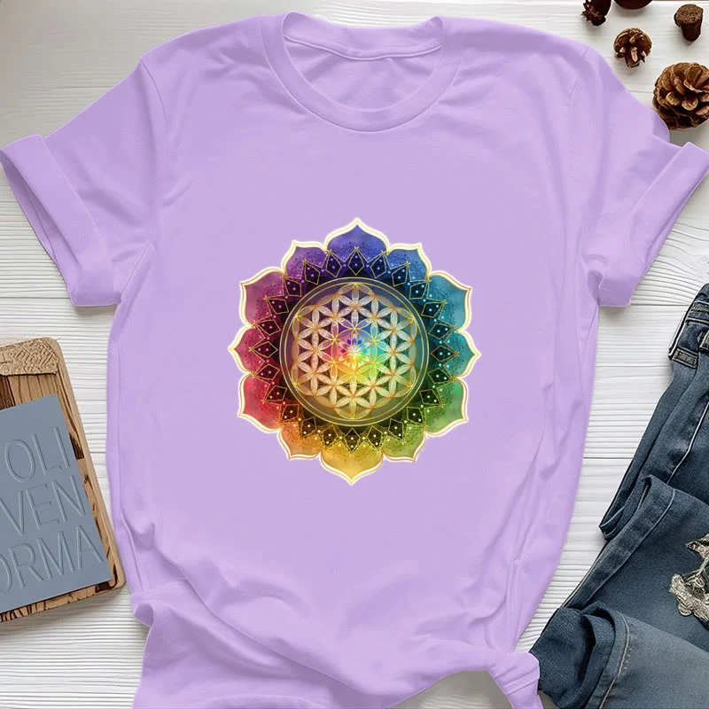 Olivenorma 7 Chakra Medala Blume des Lebens Baumwoll-T-Shirt