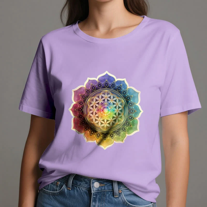 Olivenorma 7 Chakra Medala Blume des Lebens Baumwoll-T-Shirt