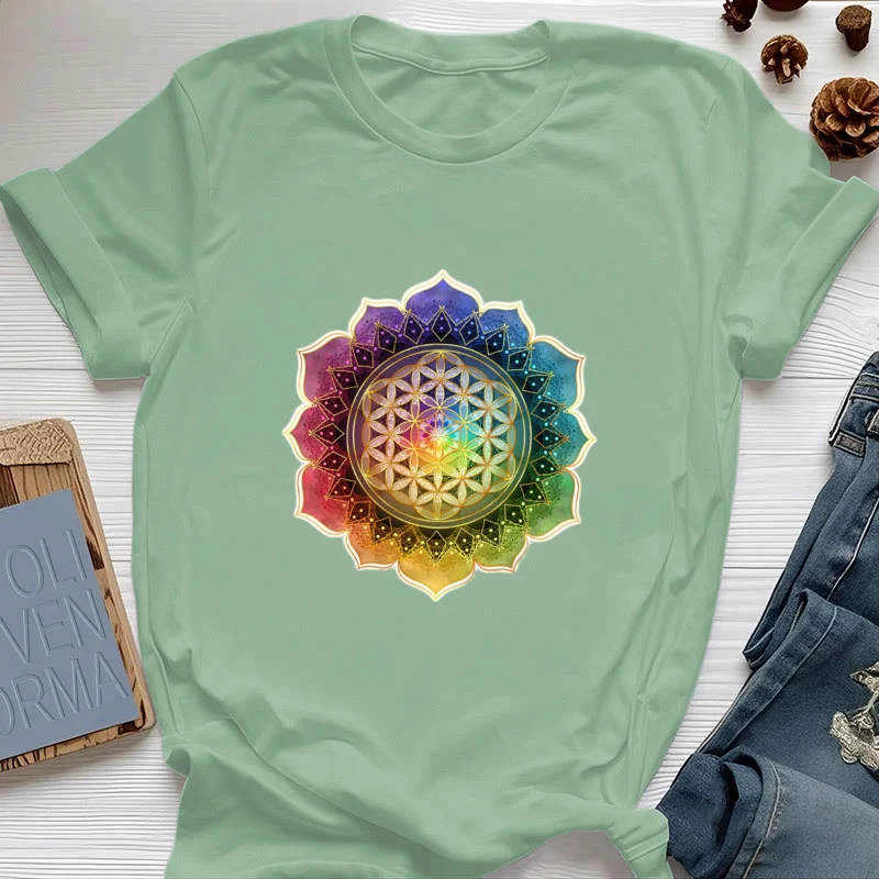 Olivenorma 7 Chakra Medala Blume des Lebens Baumwoll-T-Shirt
