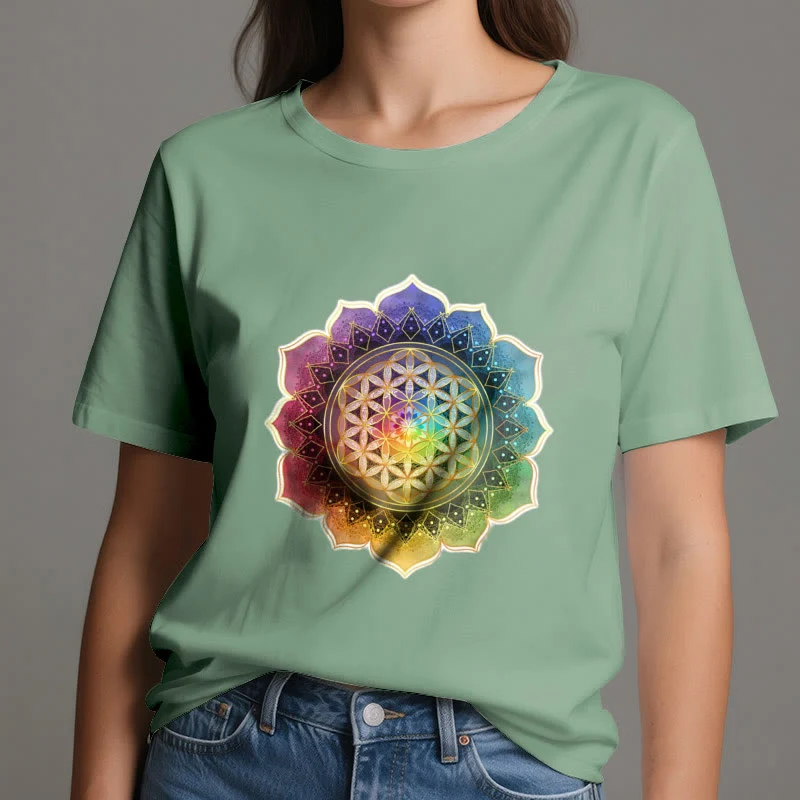 Olivenorma 7 Chakra Medala Blume des Lebens Baumwoll-T-Shirt