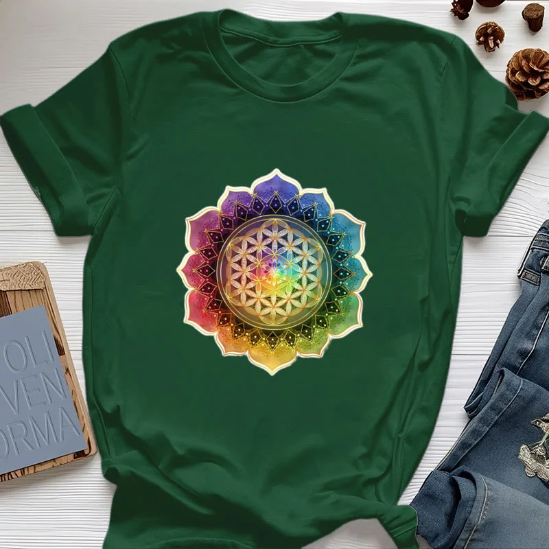 Olivenorma 7 Chakra Medala Blume des Lebens Baumwoll-T-Shirt