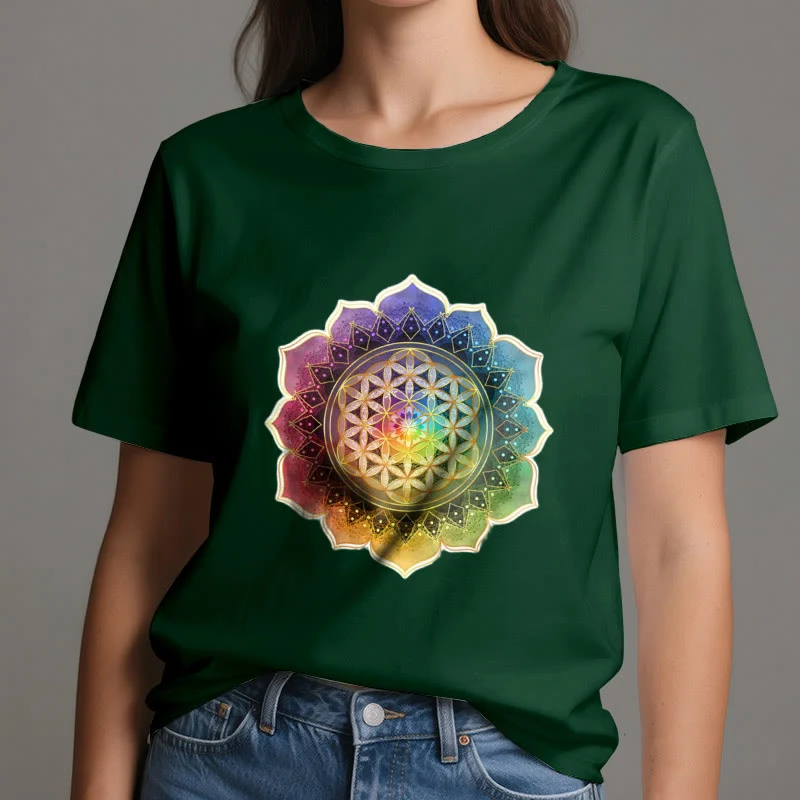 Olivenorma 7 Chakra Medala Blume des Lebens Baumwoll-T-Shirt