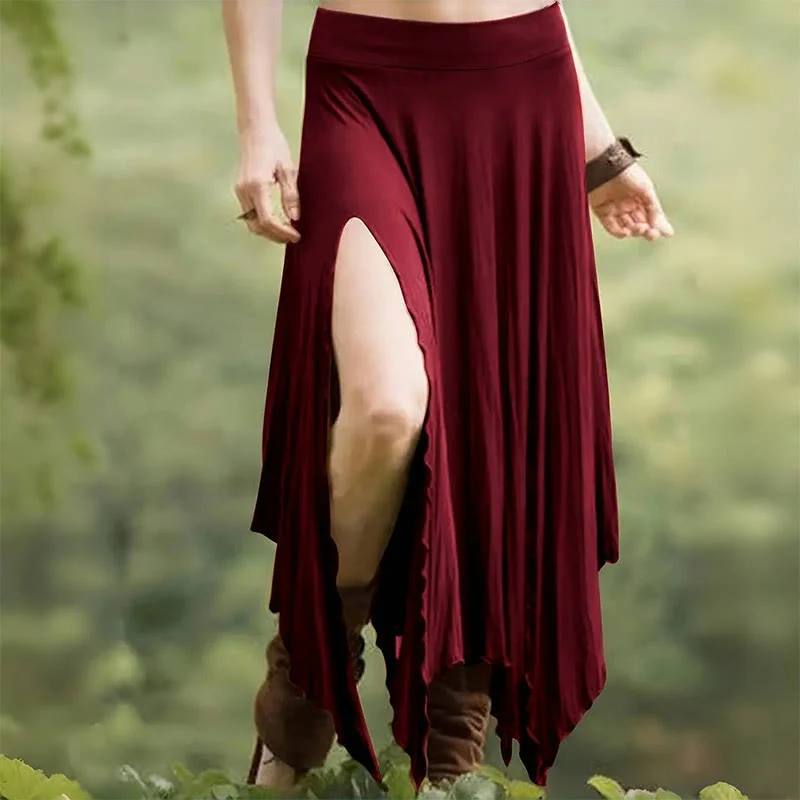 Olivenorma – Einfarbiges Midikleid mit Schlitz im Boho-Stil und Kordelzug