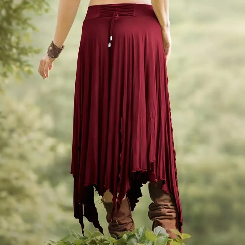 Olivenorma – Einfarbiges Midikleid mit Schlitz im Boho-Stil und Kordelzug