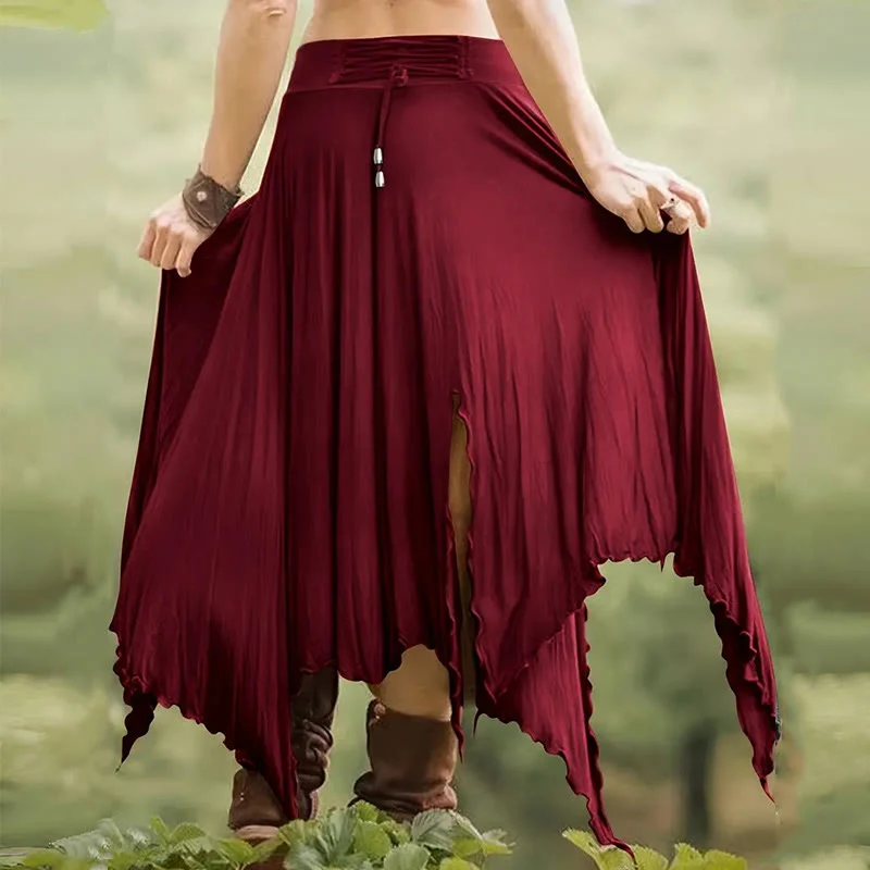 Olivenorma – Einfarbiges Midikleid mit Schlitz im Boho-Stil und Kordelzug