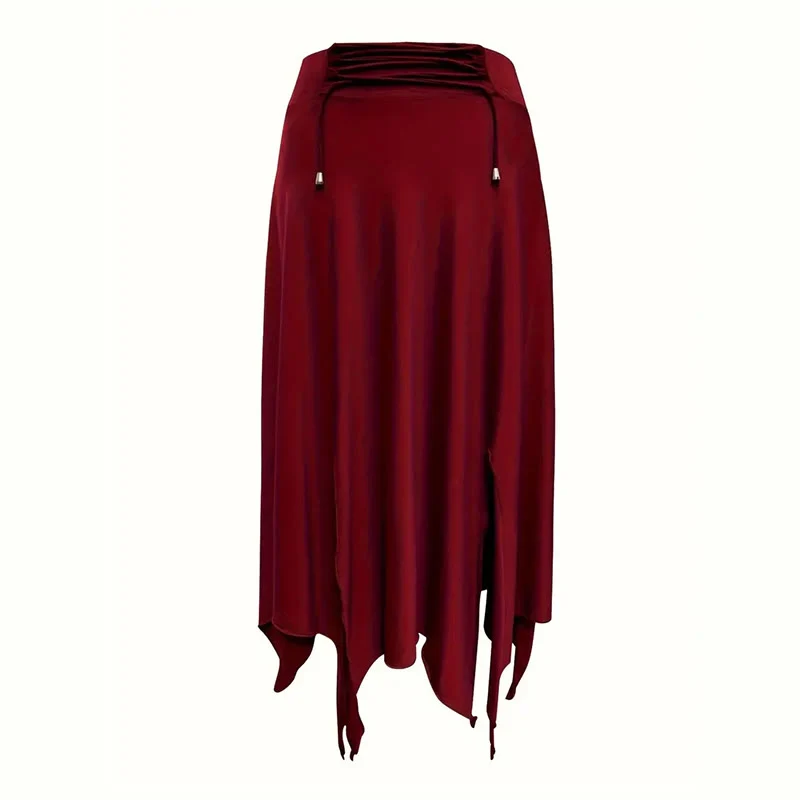 Olivenorma – Einfarbiges Midikleid mit Schlitz im Boho-Stil und Kordelzug