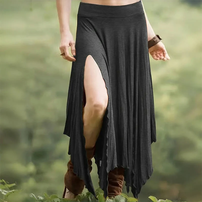 Olivenorma – Einfarbiges Midikleid mit Schlitz im Boho-Stil und Kordelzug