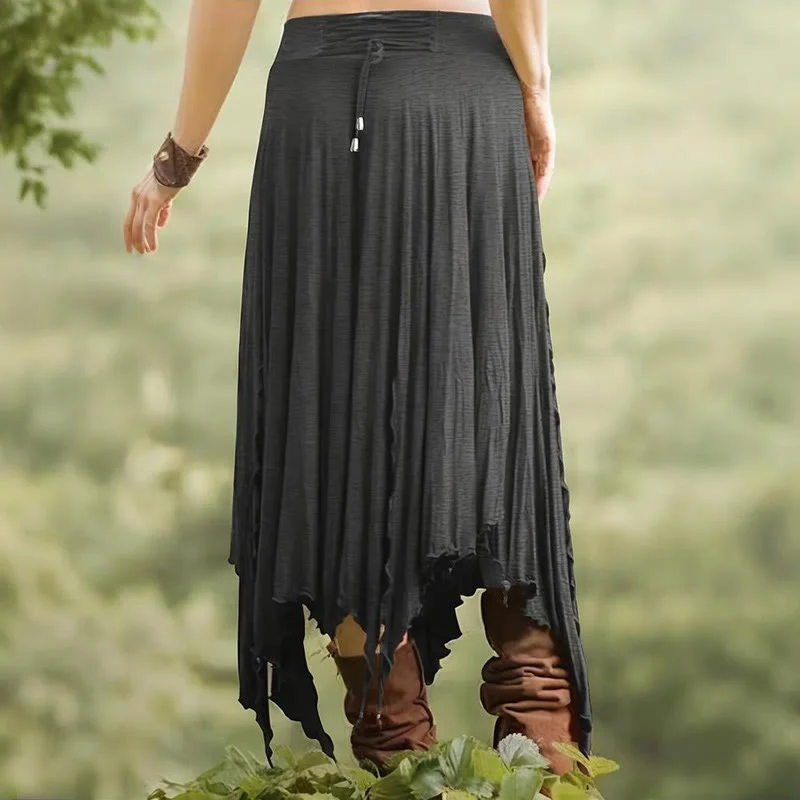 Olivenorma – Einfarbiges Midikleid mit Schlitz im Boho-Stil und Kordelzug