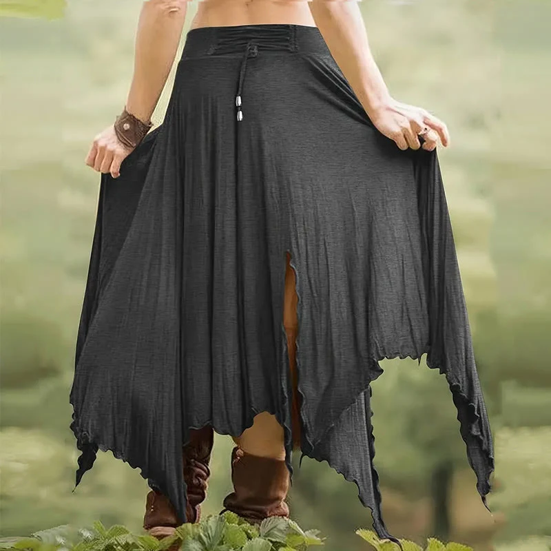 Olivenorma – Einfarbiges Midikleid mit Schlitz im Boho-Stil und Kordelzug