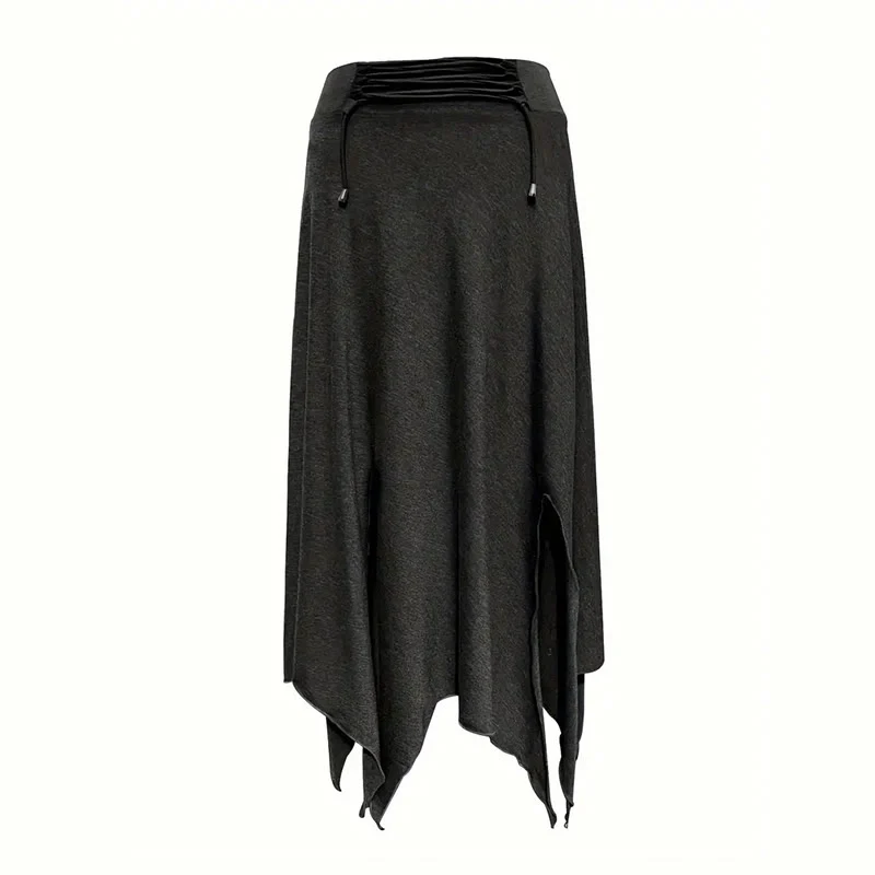 Olivenorma – Einfarbiges Midikleid mit Schlitz im Boho-Stil und Kordelzug