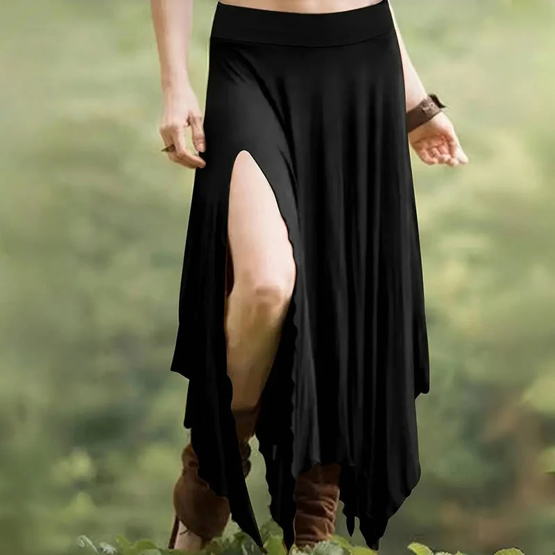 Olivenorma – Einfarbiges Midikleid mit Schlitz im Boho-Stil und Kordelzug