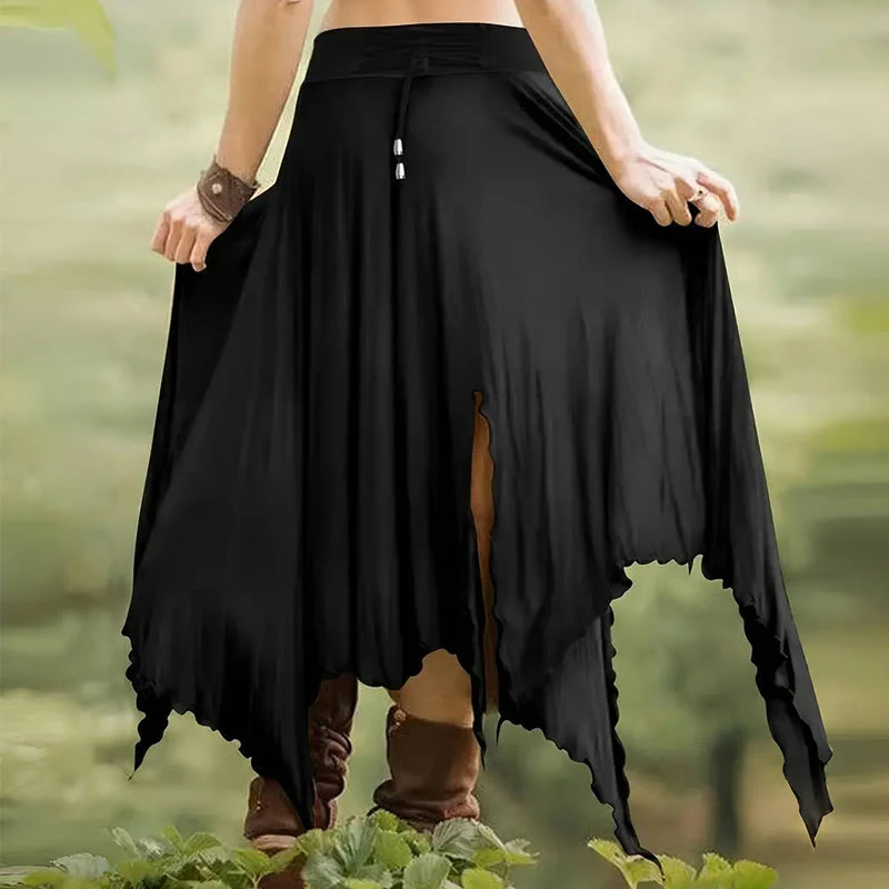 Olivenorma – Einfarbiges Midikleid mit Schlitz im Boho-Stil und Kordelzug