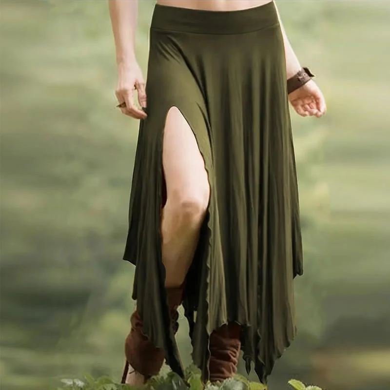 Olivenorma – Einfarbiges Midikleid mit Schlitz im Boho-Stil und Kordelzug
