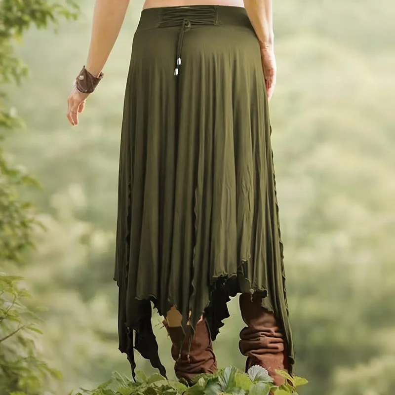 Olivenorma – Einfarbiges Midikleid mit Schlitz im Boho-Stil und Kordelzug