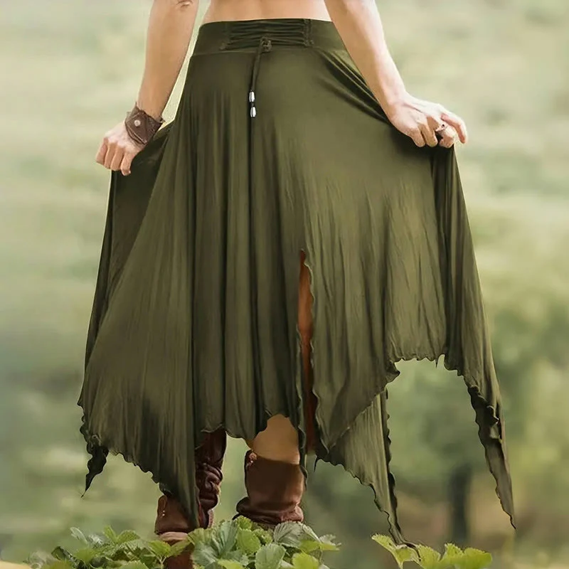 Olivenorma – Einfarbiges Midikleid mit Schlitz im Boho-Stil und Kordelzug