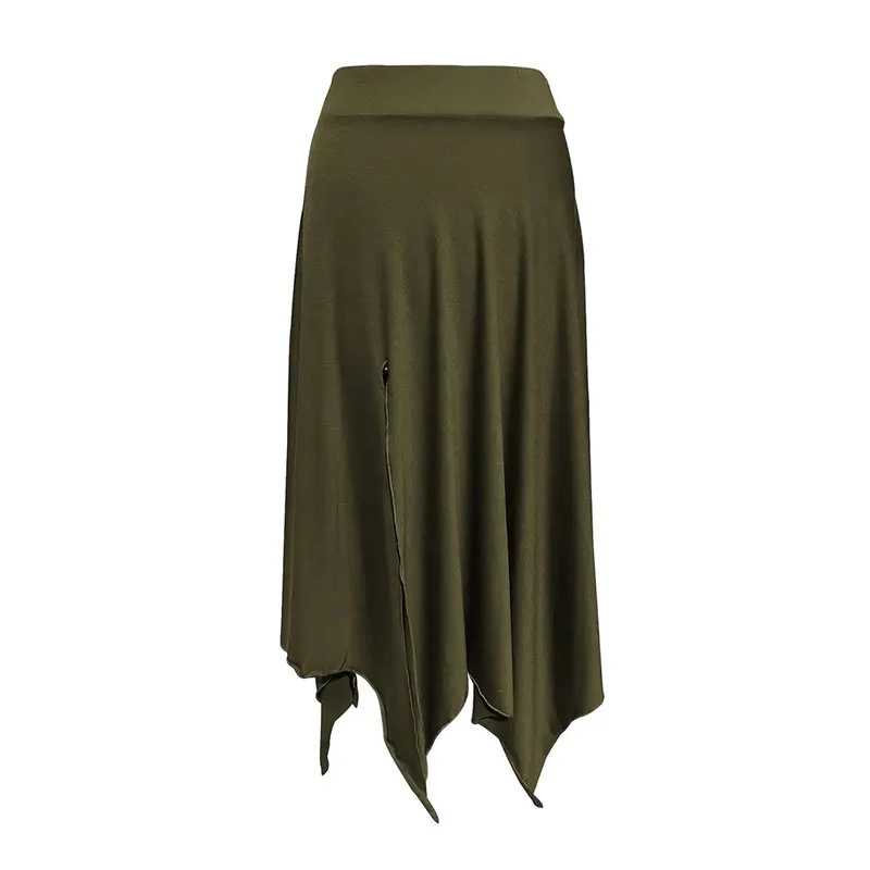 Olivenorma – Einfarbiges Midikleid mit Schlitz im Boho-Stil und Kordelzug