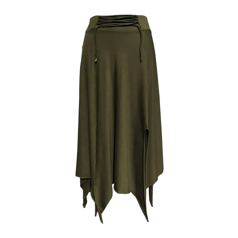 Olivenorma – Einfarbiges Midikleid mit Schlitz im Boho-Stil und Kordelzug
