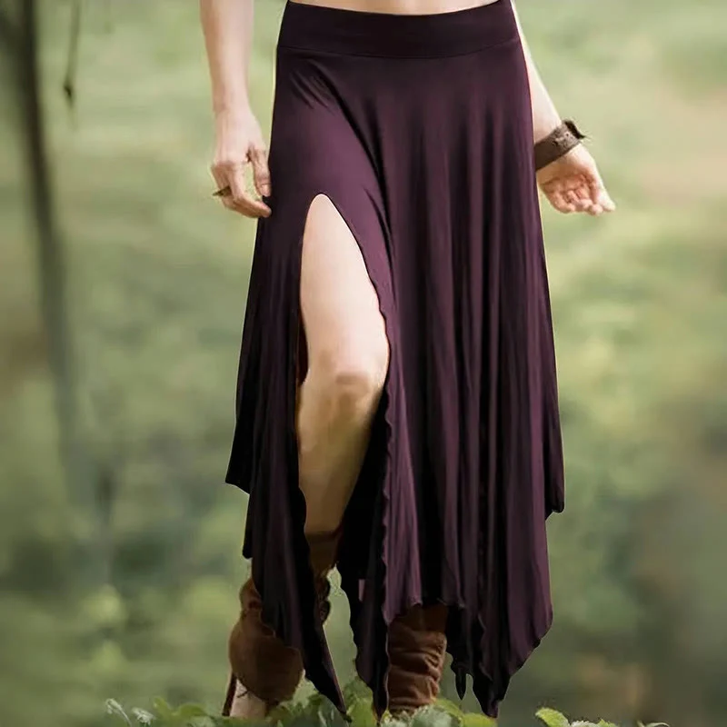 Olivenorma – Einfarbiges Midikleid mit Schlitz im Boho-Stil und Kordelzug