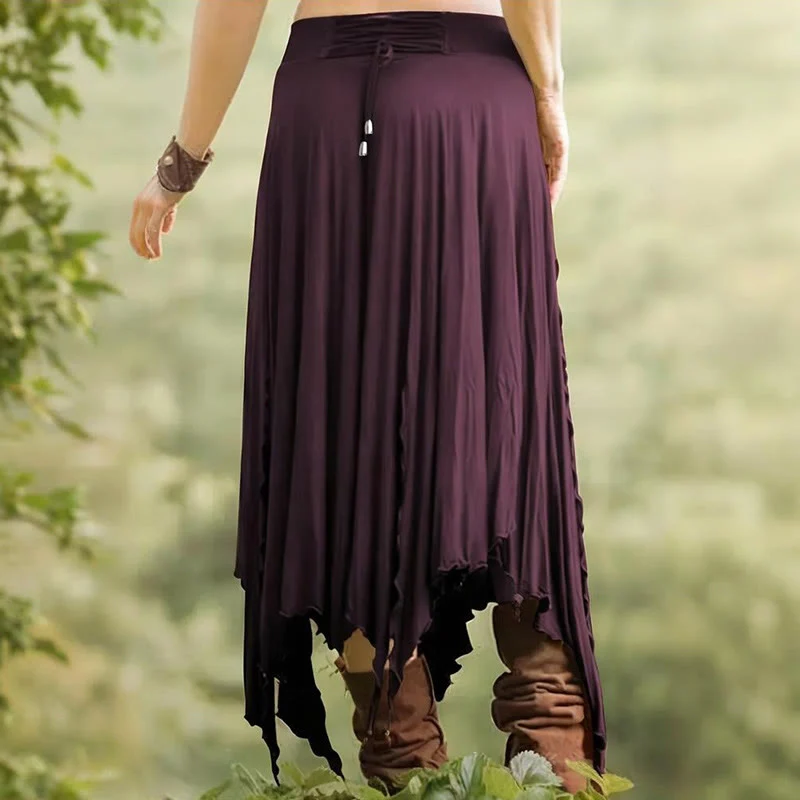 Olivenorma – Einfarbiges Midikleid mit Schlitz im Boho-Stil und Kordelzug