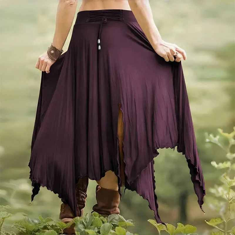Olivenorma – Einfarbiges Midikleid mit Schlitz im Boho-Stil und Kordelzug