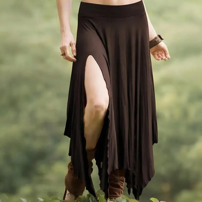Olivenorma – Einfarbiges Midikleid mit Schlitz im Boho-Stil und Kordelzug