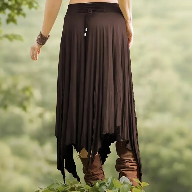 Olivenorma – Einfarbiges Midikleid mit Schlitz im Boho-Stil und Kordelzug