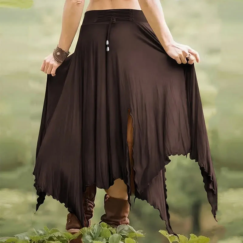 Olivenorma – Einfarbiges Midikleid mit Schlitz im Boho-Stil und Kordelzug