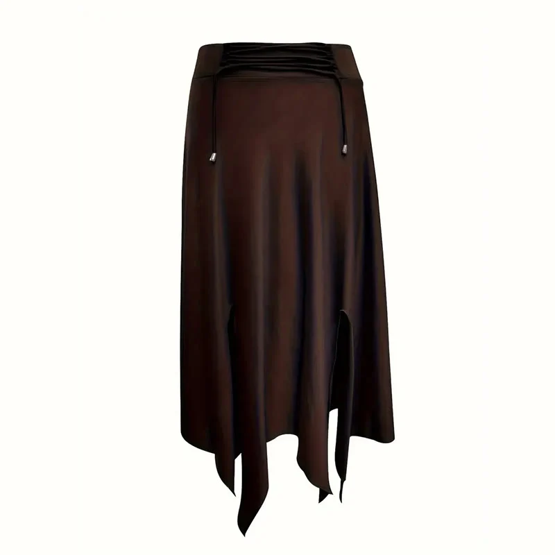 Olivenorma – Einfarbiges Midikleid mit Schlitz im Boho-Stil und Kordelzug