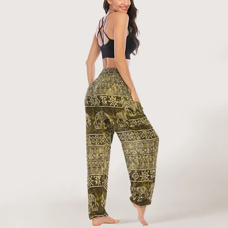 Olivenorma Elefanten-Yogahose aus Viskose, Haremshose für Damen mit elastischer Taille