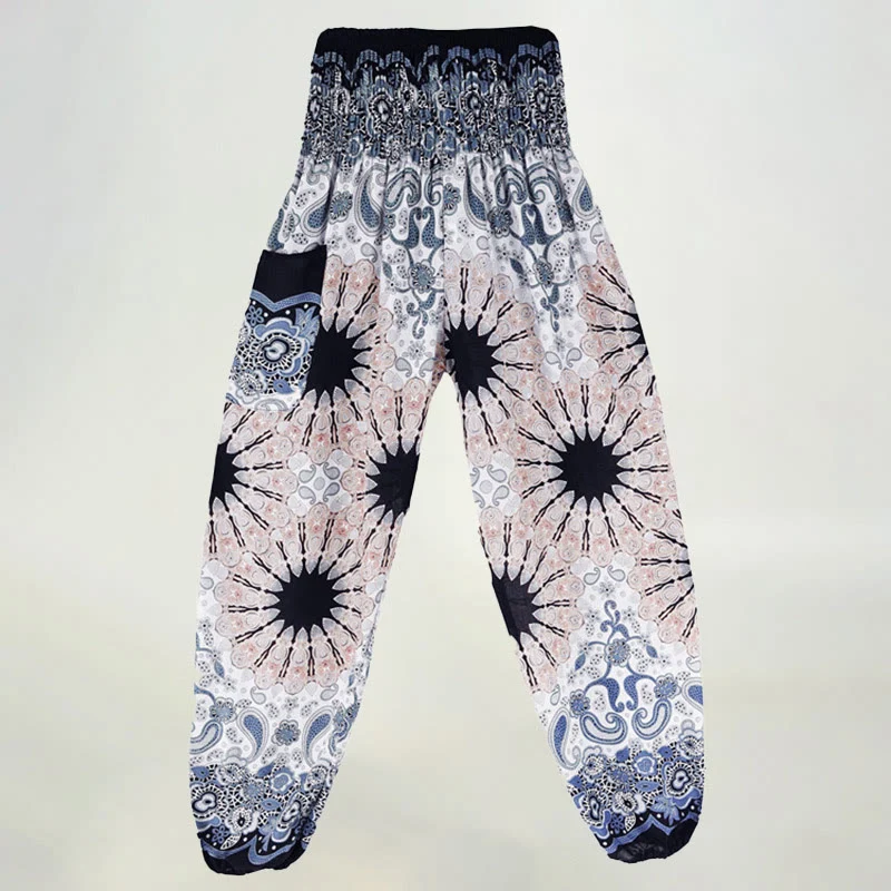 Olivenorma Damen-Haremshose aus Viskose mit Mandala-Schneeflocken-Print und elastischer Taille