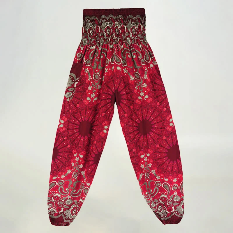 Olivenorma Damen-Haremshose aus Viskose mit Mandala-Schneeflocken-Print und elastischer Taille