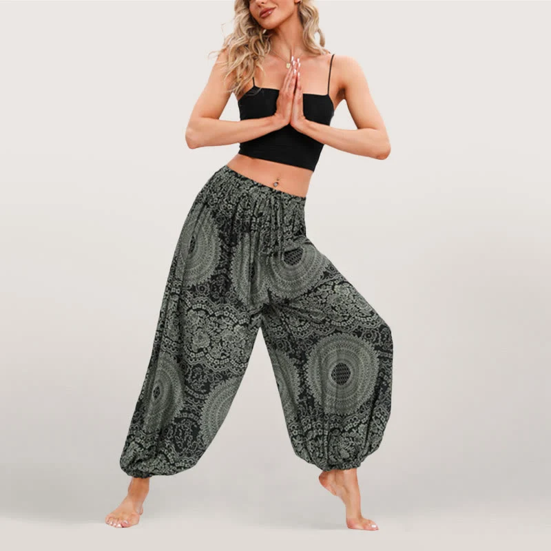 Olivenorma Flowy Boho Print Damen Haremshose mit elastischer Taille