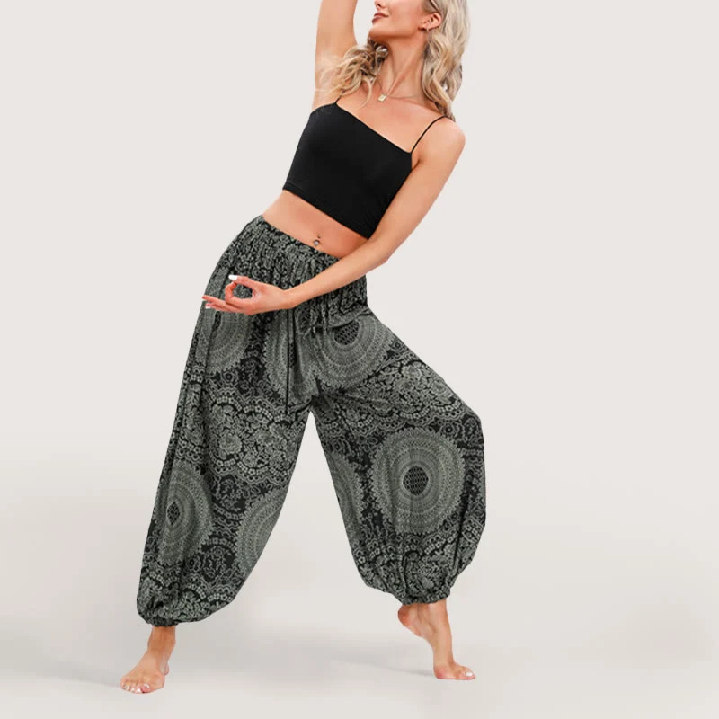 Olivenorma Flowy Boho Print Damen Haremshose mit elastischer Taille