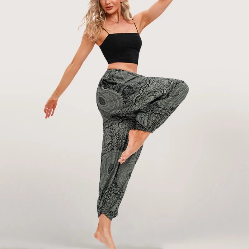 Olivenorma Flowy Boho Print Damen Haremshose mit elastischer Taille
