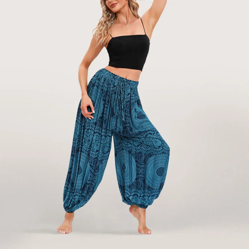 Olivenorma Flowy Boho Print Damen Haremshose mit elastischer Taille
