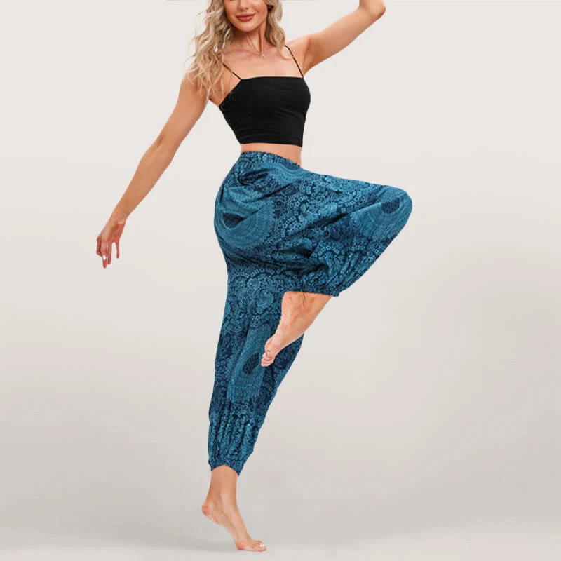 Olivenorma Flowy Boho Print Damen Haremshose mit elastischer Taille