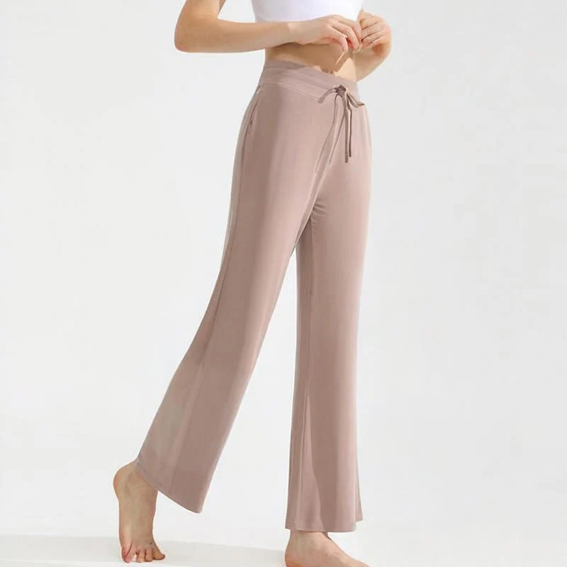 Olivenorma Damen-Yogahose mit geradem Kordelzug und einfarbiger Drapierung