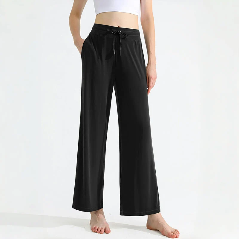 Olivenorma Damen-Yogahose mit geradem Kordelzug und einfarbiger Drapierung