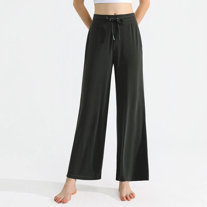 Olivenorma Damen-Yogahose mit geradem Kordelzug und einfarbiger Drapierung