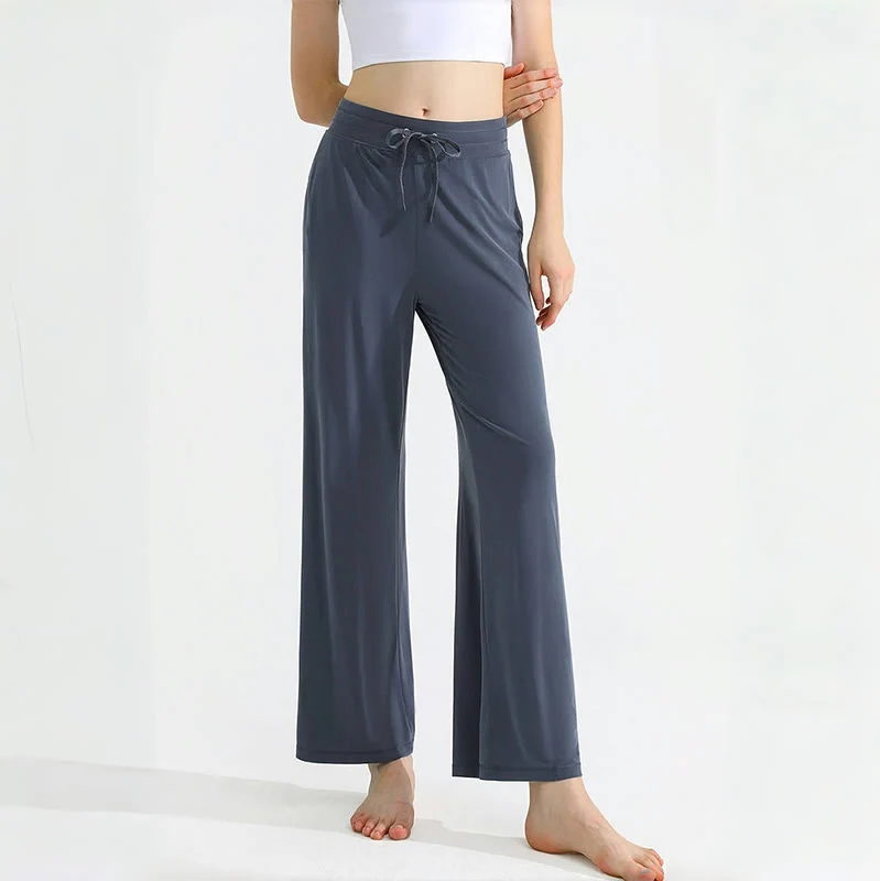 Olivenorma Damen-Yogahose mit geradem Kordelzug und einfarbiger Drapierung