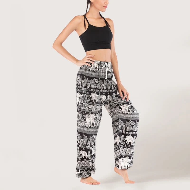 Olivenorma Yogahose mit ethnischem Elefantenmotiv, Viskose, Haremshose für Damen mit elastischer Taille