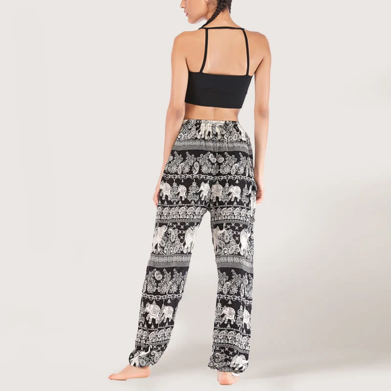 Olivenorma Yogahose mit ethnischem Elefantenmotiv, Viskose, Haremshose für Damen mit elastischer Taille