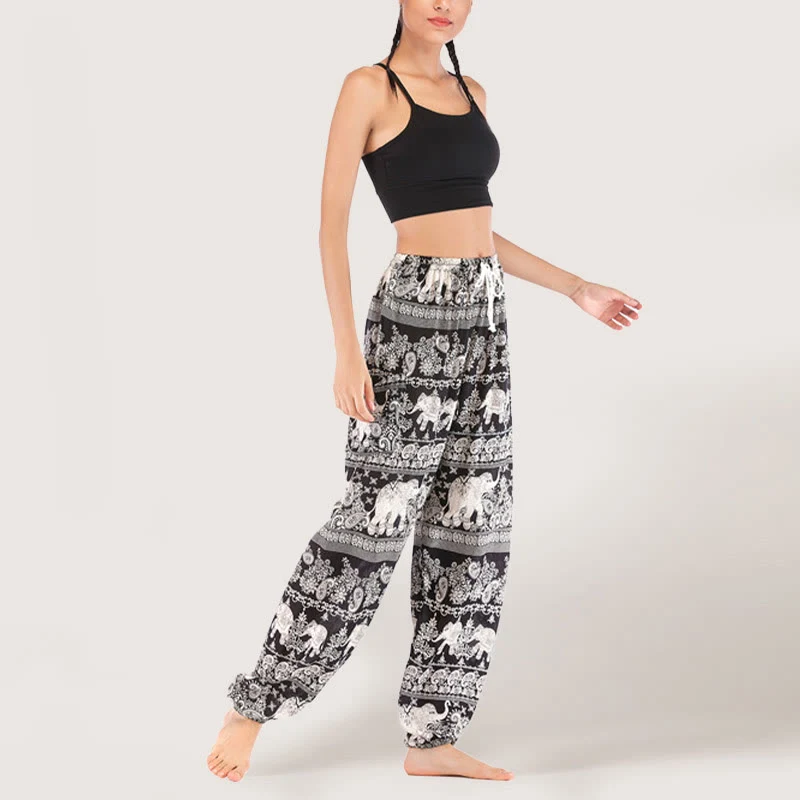 Olivenorma Yogahose mit ethnischem Elefantenmotiv, Viskose, Haremshose für Damen mit elastischer Taille